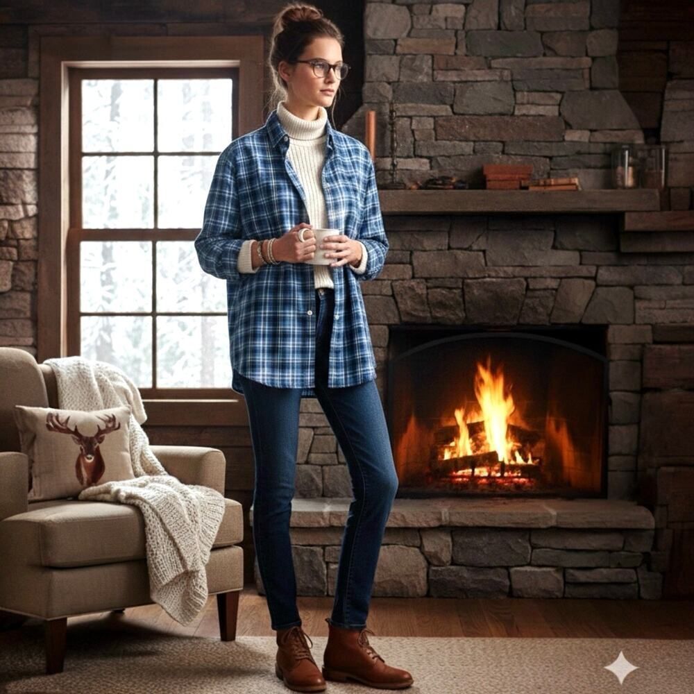 Lauren Ralph Lauren Blue Plaid Button Shacket XL Oversized Boyfriend Fit Shirt